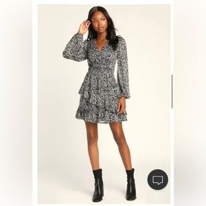 LULU’S “made for the moment” Black Floral Ruffled LONG-SLEEVE MINI DRESS